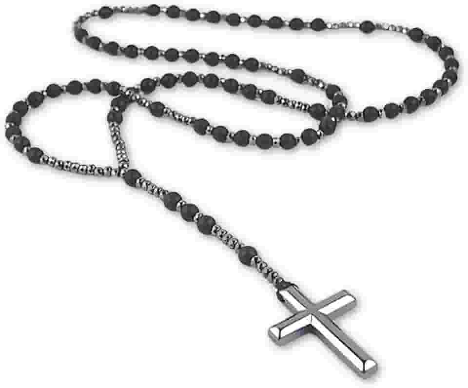 Terço Espiritual em Pedra Hematita Unissex Premium Black - Força e Proteção Pessoal + Bolsa de Veludo