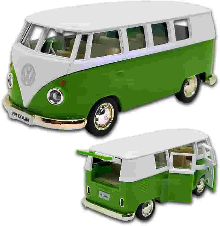 Miniatura de carro Kombi 1969 em metal, Carrinho de ferro Kombi, 1:32, 13 CM, RMZ City (Verde escuro e Branco)