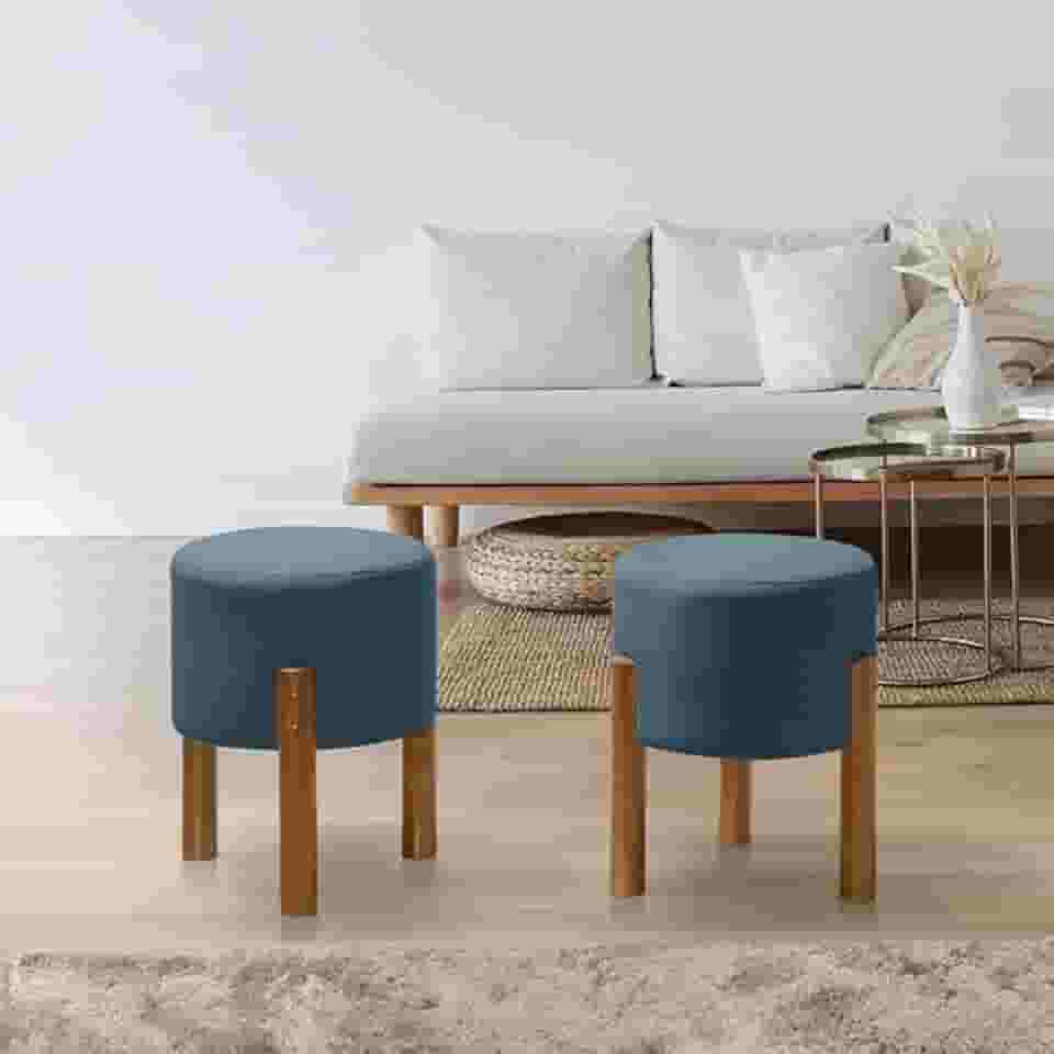 PC Móveis – Kit 2 Puff Redondo Luxo Decorativo em Linho ou Suede – Sala, Quarto e Escritório (Linho, Azul)