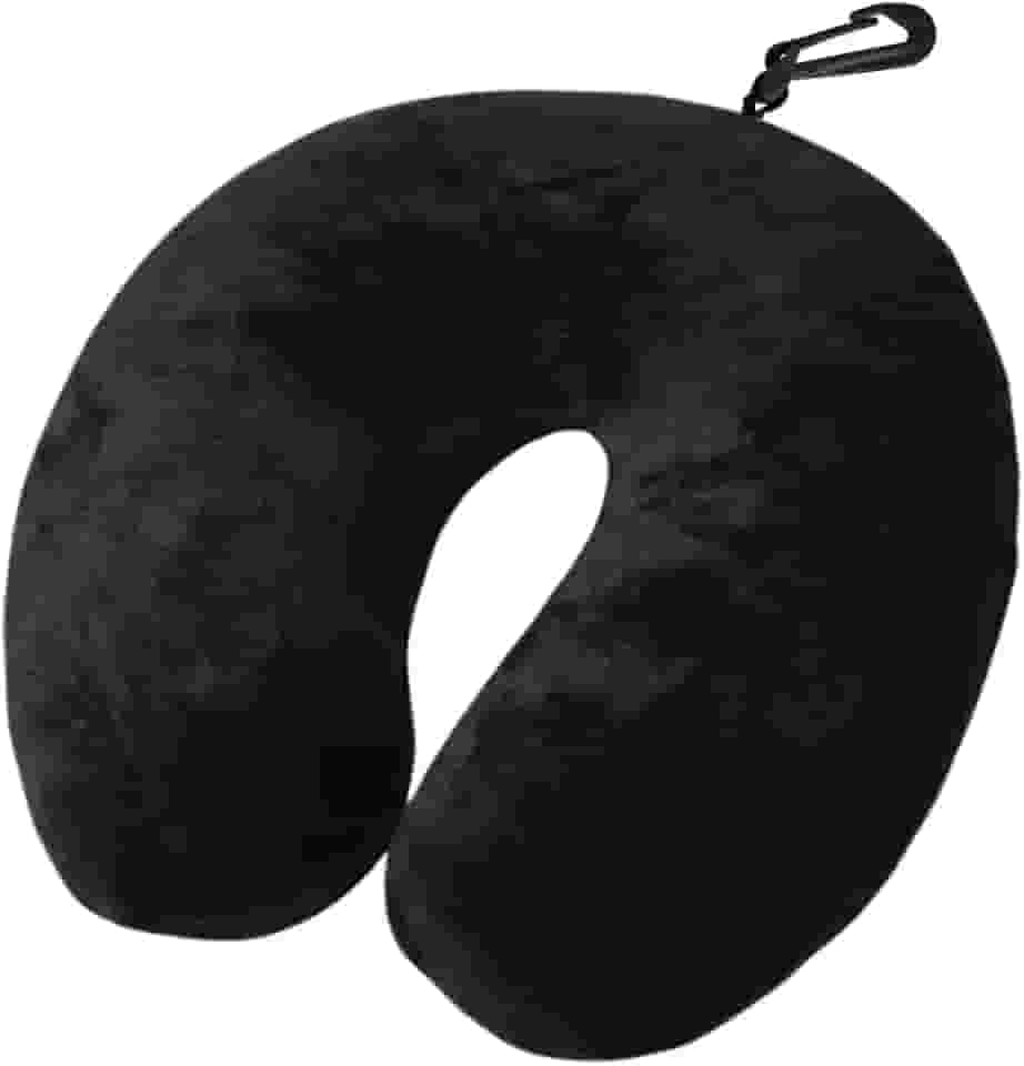 Almofada de Pescoço para Viagem com Enchimento de Silicone Anti-Alérgico, Tecido Fleece Extra Macio, Apoio Cervical Confortável, com Zíper e Mosquetão (Preto)