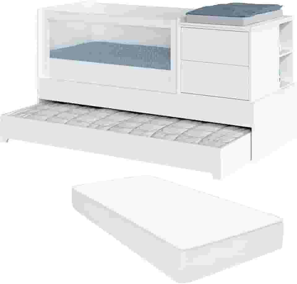 Berço Multifuncional com Cômoda Acoplada e Cama Auxiliar Colchão Padrão Americano Sol e Mar Transformável em Cama de Solteiro e Escrivaninha MDF e Laca UV Divicar (Branco)