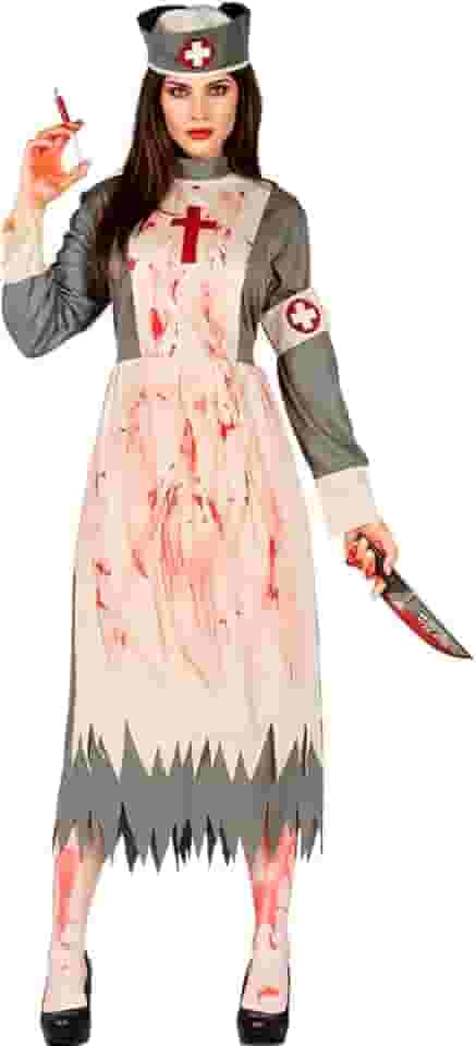 Fantasia Enfermeira Assassina Halloween Feminina Adulta Zumbi Avental Vestido e Chapéu Sangrento