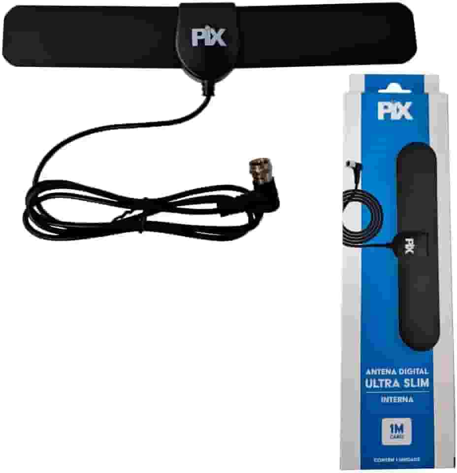 Antena Interna Ultra Slim 4K, HDTV, VHF, UHF Digital Conector F 90 Graus 5DBI - Cabo 1 Metro PIX