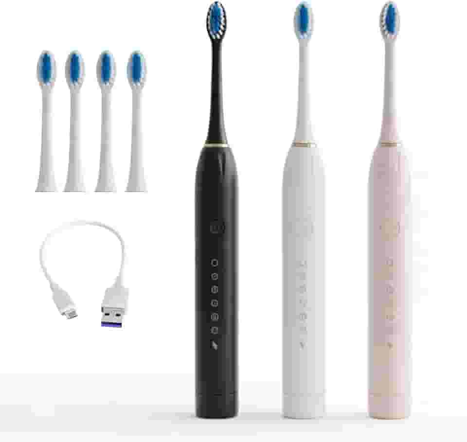 Escova de Dente Elétrica Sônica, 6 Modos, 4 Refis Inclusos, USB, Timer, Prova D'Água IPX7 (BRANCA)