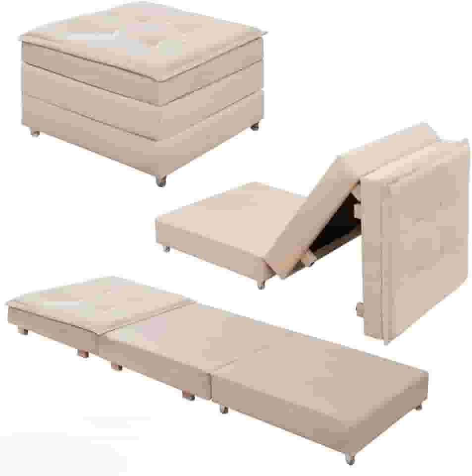 Puff Baú Quadrado MDF Com Rodinhas Vira Cama Colchão Solteiro Confortável e Moderno (Bege)