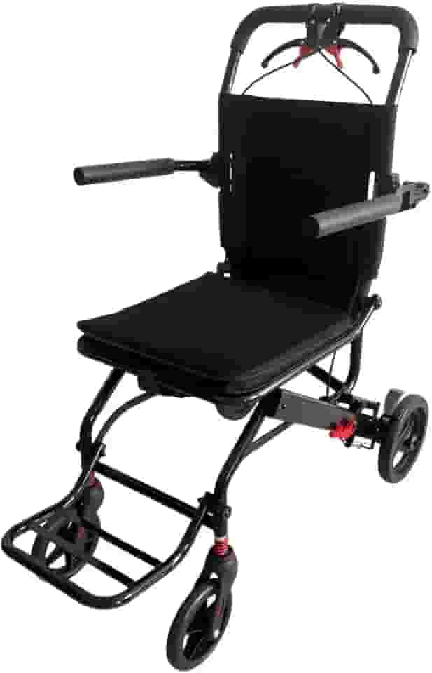 Cadeira de Rodas de Transporte Dobrável, Estrutura Leve, Tecido Respirável, Freios e Cinto de Segurança, Preto
