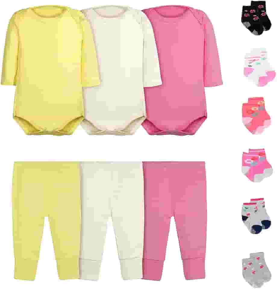 Kit 12 Peças Body Bebê Menina Manga Longa Calça Mijão e Meias