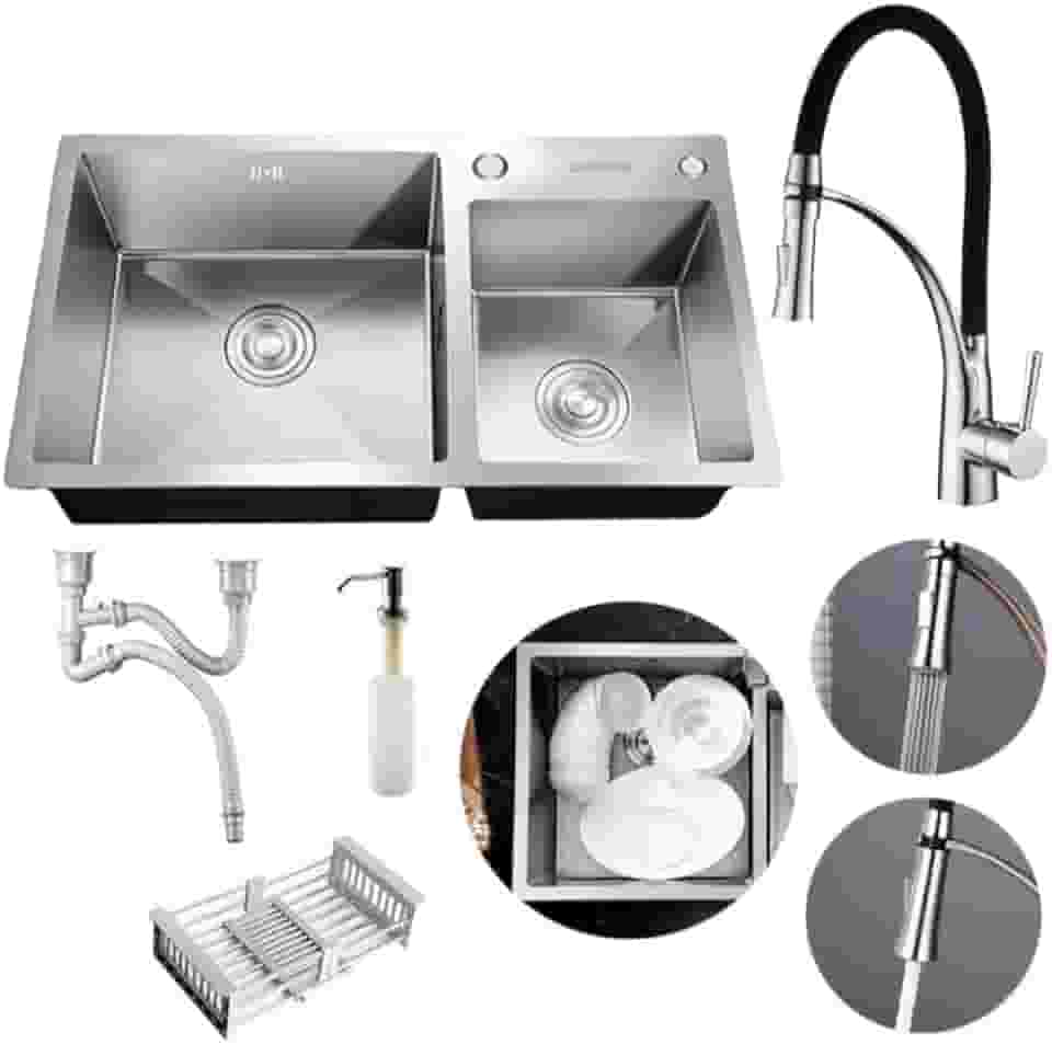 Cuba Dupla Gourmet 78x43 Completa Com Acessórios Pia Cozinha Bancada Aço Inox Prata + Torneira Gourmet Monocomando Silicone Flexível Preta Aço Inox Brinovar