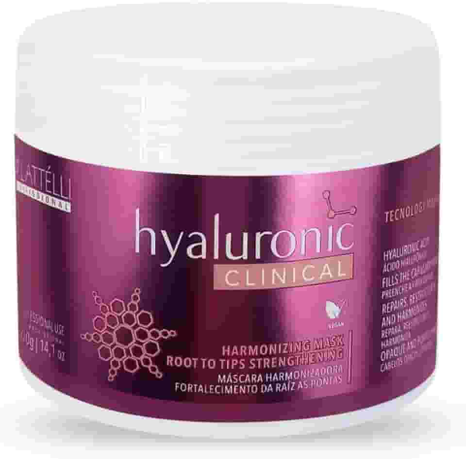 Máscara Hyaluronic Clinical 250gr - Plattélli Profissional, com Ácido Hialuronico para cabelos finos, opacos e porosos