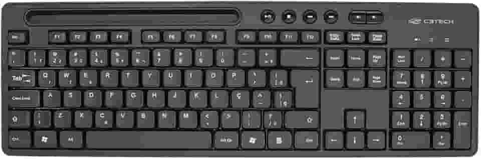 Teclado sem fio C3Tech KB-W100BK Layout ABNT2 com 6 teclas Multimidia incluso 1 Pilha AAA, Receptor USB Nano, Suporte sobre o teclado para colocar smartphone ou tablet