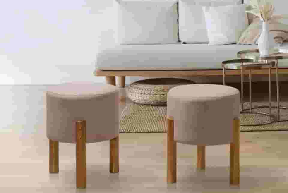 PC Móveis – Kit 2 Puff Redondo Luxo Decorativo em Linho ou Suede – Sala, Quarto e Escritório (Linho, Rosa)