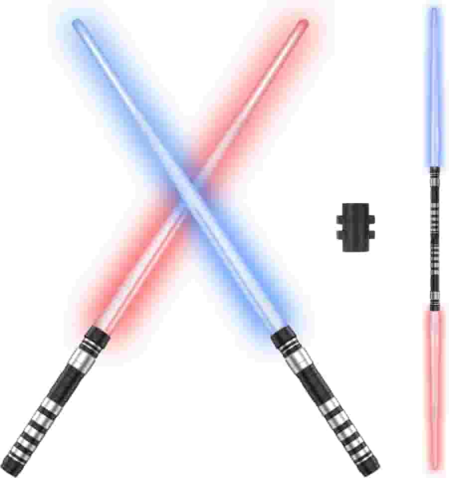 2 peças de sabre iluminado para crianças, espada de luz com sons, kit de fantasia de espada iluminada com LED de 7 cores, brinquedo retrátil de espada luminosa para lutadores e guerreiros