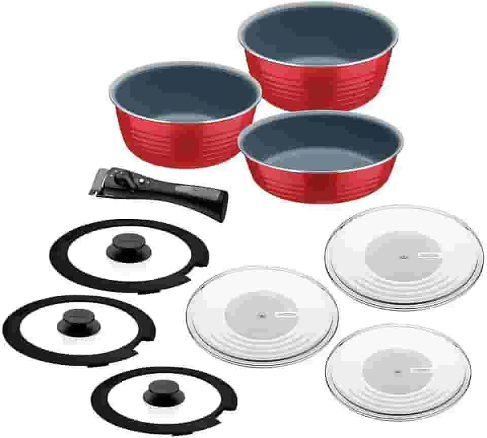 Jogo de Panelas Multiuso Tramontina Itria em Alumínio com Revestimento Cerâmico e Cabo Removível Vermelho 10 Peças