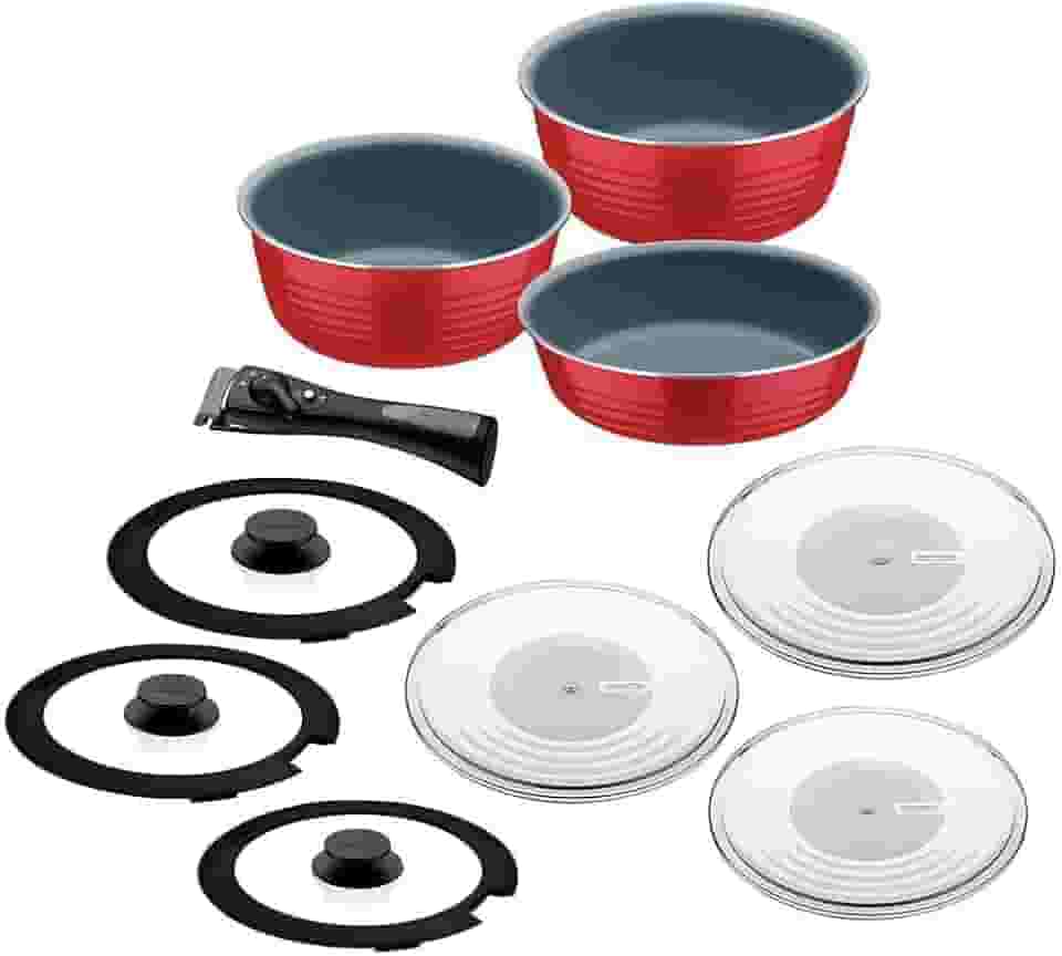 Jogo de Panelas Multiuso Tramontina Itria em Alumínio com Revestimento Cerâmico e Cabo Removível Vermelho 10 Peças