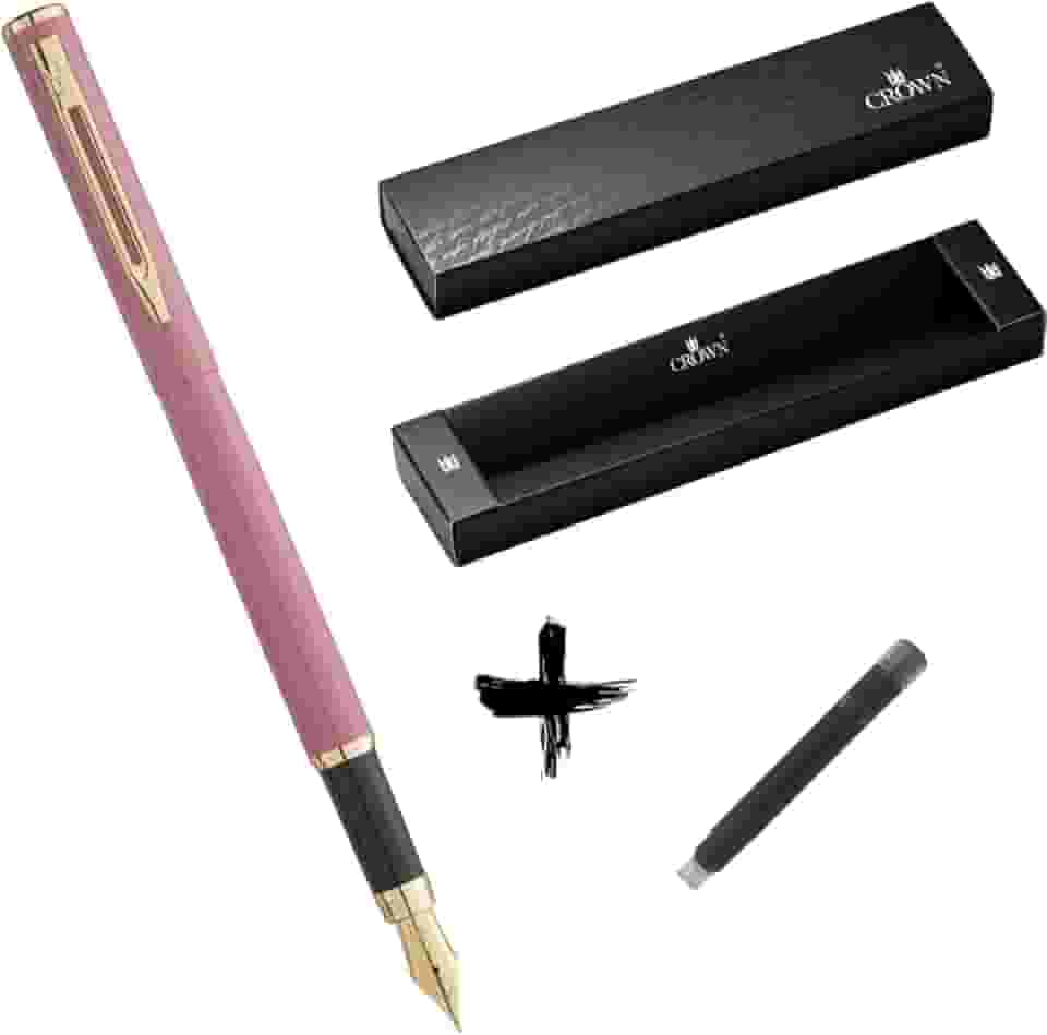 Kit Caneta Crown Capricci Tinteiro Ponta de Pena Iridium Alemã + Case Exclusiva Crown + Refil Extra Preto (Rosa)