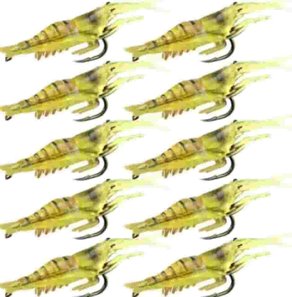 Isca Artificial Camarão Silicone Aromatizada com Anzol para Pesca, Amarelo, Kit com 10 Unidades