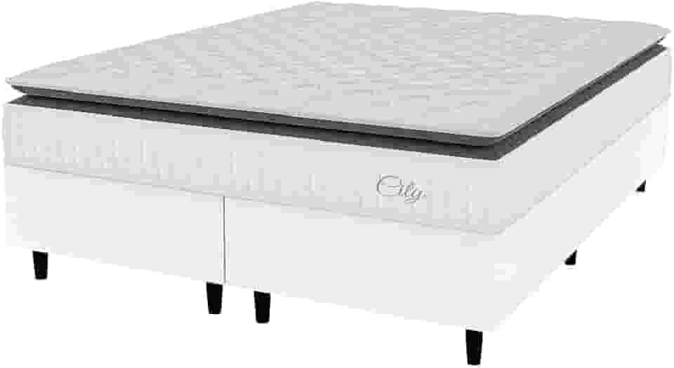 Cama Box Colchão Casal King Molas Ensacadas City Pillow Top 193x203x61cm Linho Branco/Cinza Hellen - Suporta até 110kg por Pessoa