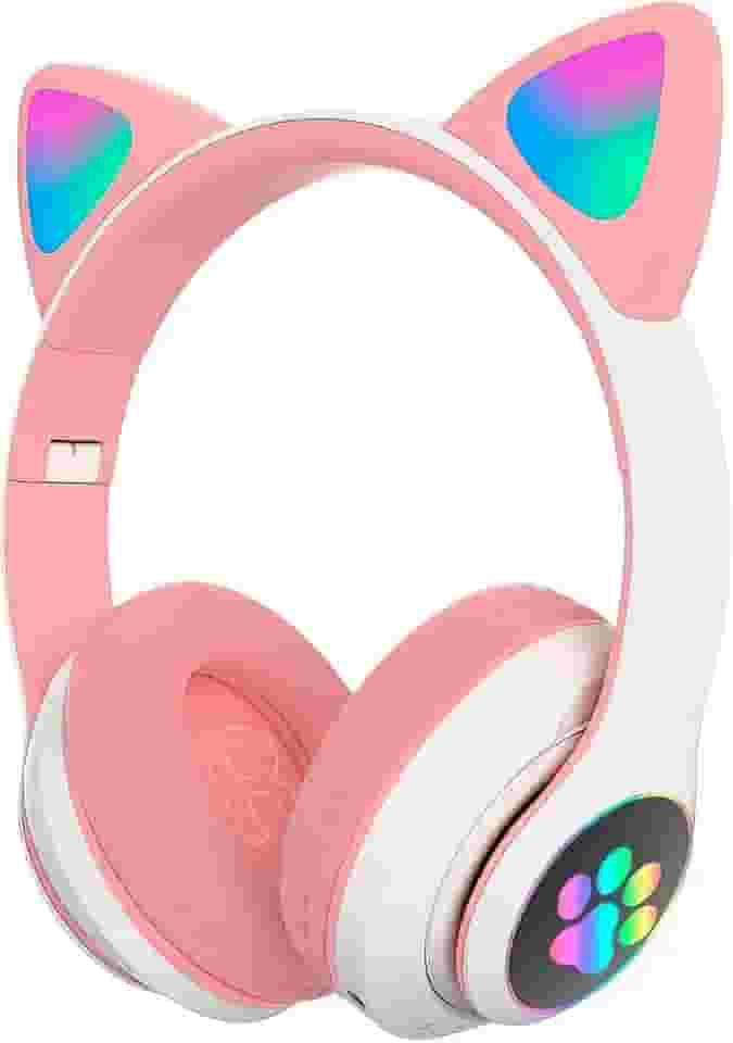 Fone de ouvido gatinho Cat ear Headphone bluetooth (Rosa/Branco)