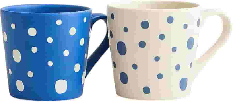 2 Canecas de Cerâmica 400ml Premium Decorada Azul e Branca (Bolinhas Branco e Azul)