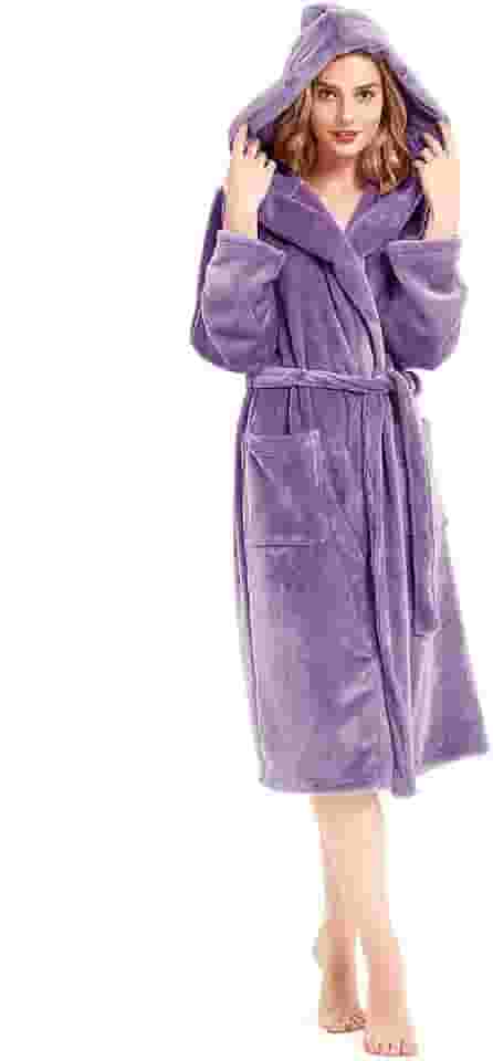 roupão feminino com capuz de lã quente de tecido felpudo terry para spa, Roxa, Small-Medium
