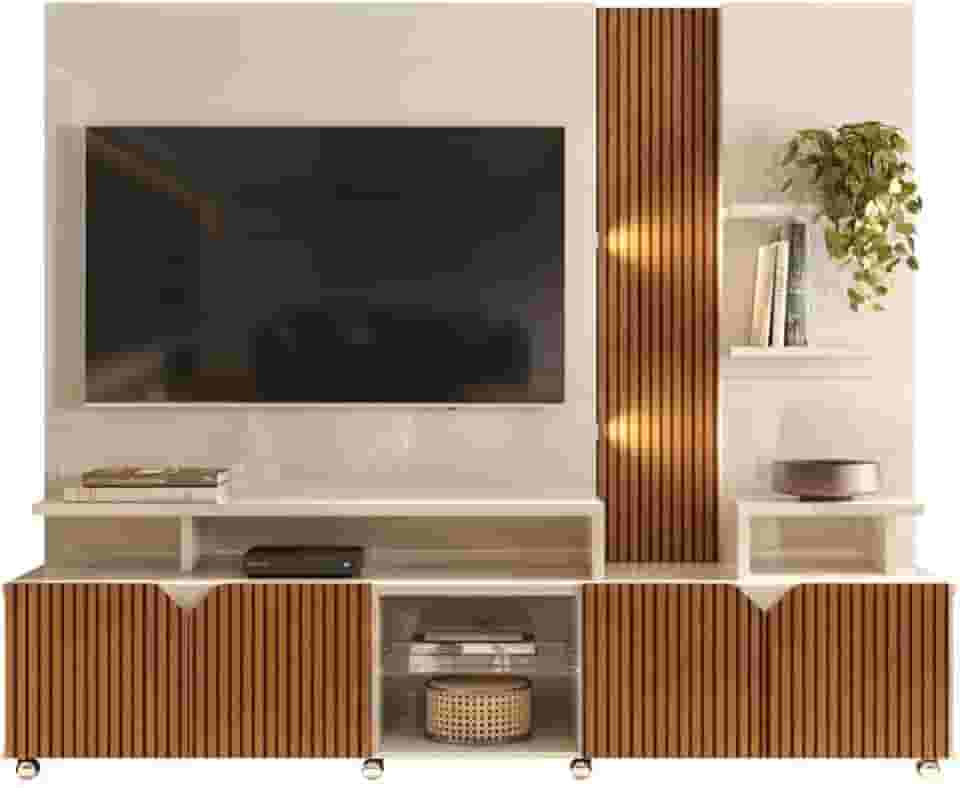 Estante Home Teather para Tv até 55 Polegadas com Led Ripado Impressão 3d 2,10m Cross Off White Perolizado/madeirado Tauari Lukaliam