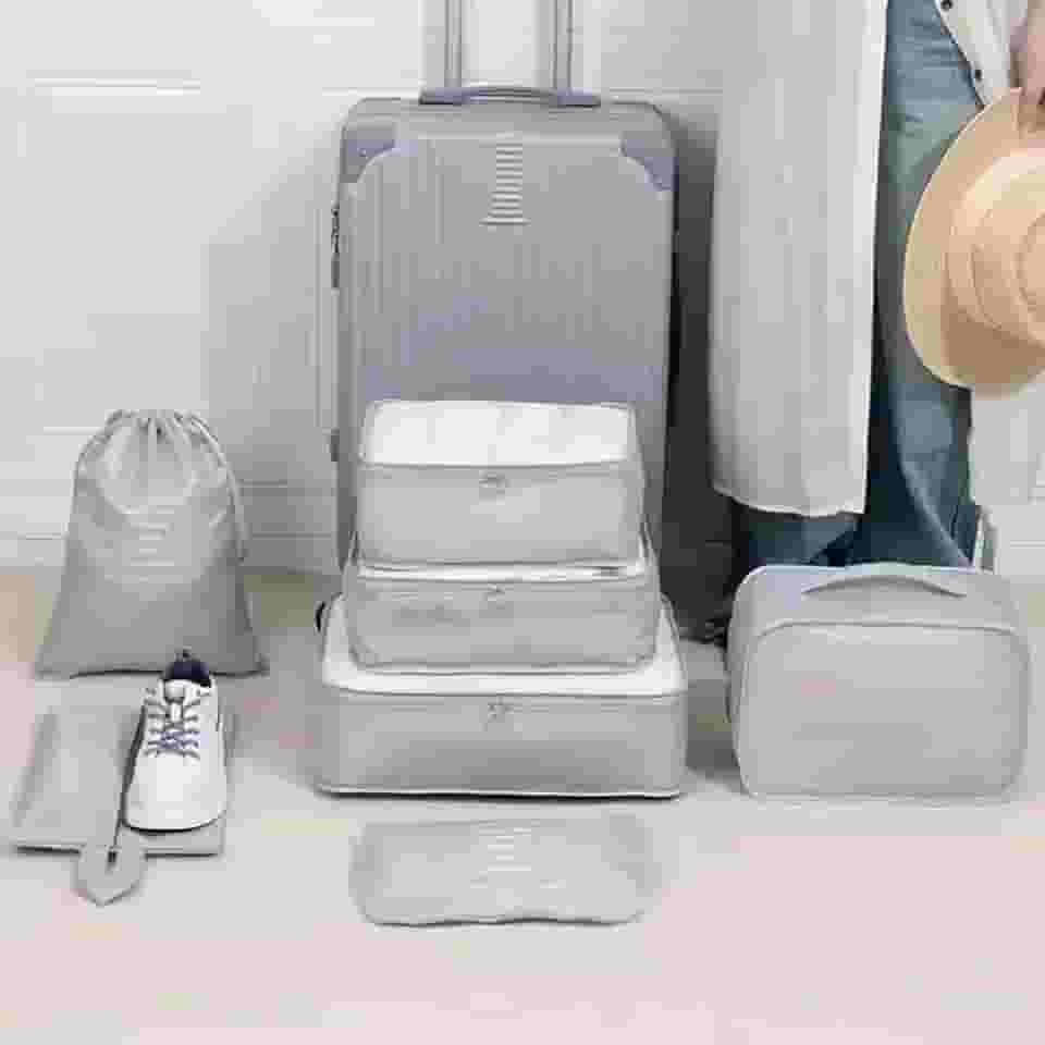 Conjunto de Organizadores de Viagem, 7 Peças, com Bolsa para Sapatos e Necessaire (Cinza)