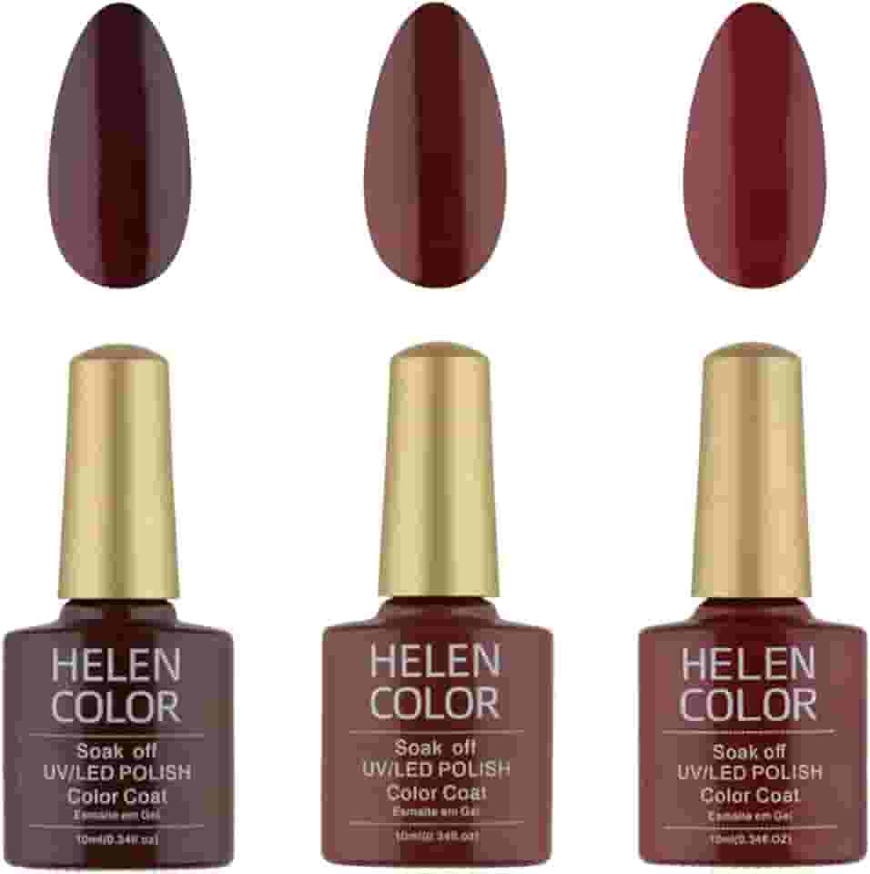 HELEN COLOR Kit 3 Esmaltes em Gel UV/LED 10ml Cada Frasco Secagem Rápida Alta Durabilidade Acabamento Brilhante (Vermelho Escuro)