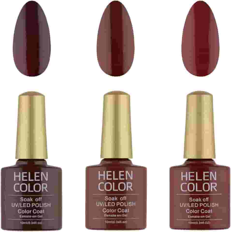 HELEN COLOR Kit 3 Esmaltes em Gel UV/LED 10ml Cada Frasco Secagem Rápida Alta Durabilidade Acabamento Brilhante (Vermelho Escuro)