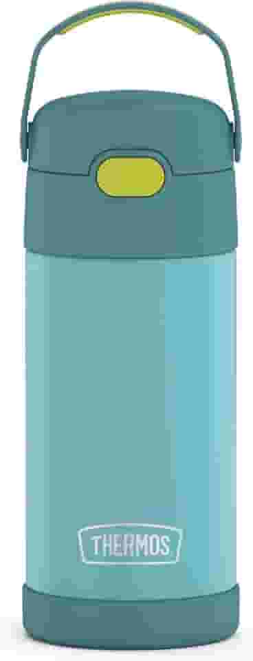 THERMOS FUNTAINER Garrafa de água com canudo - 340 g - Garrafa de água infantil isolada a vácuo de aço inoxidável com tampa, azul/verde