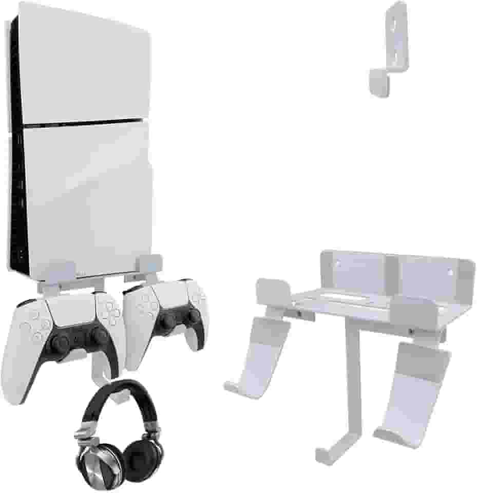 Suporte de parede para console PS5 Slim/PS5 Pro, disco fino de alumínio PS5/console digital suporte de prateleira de parede com controle e suporte de fone de ouvido - branco (não para PS5