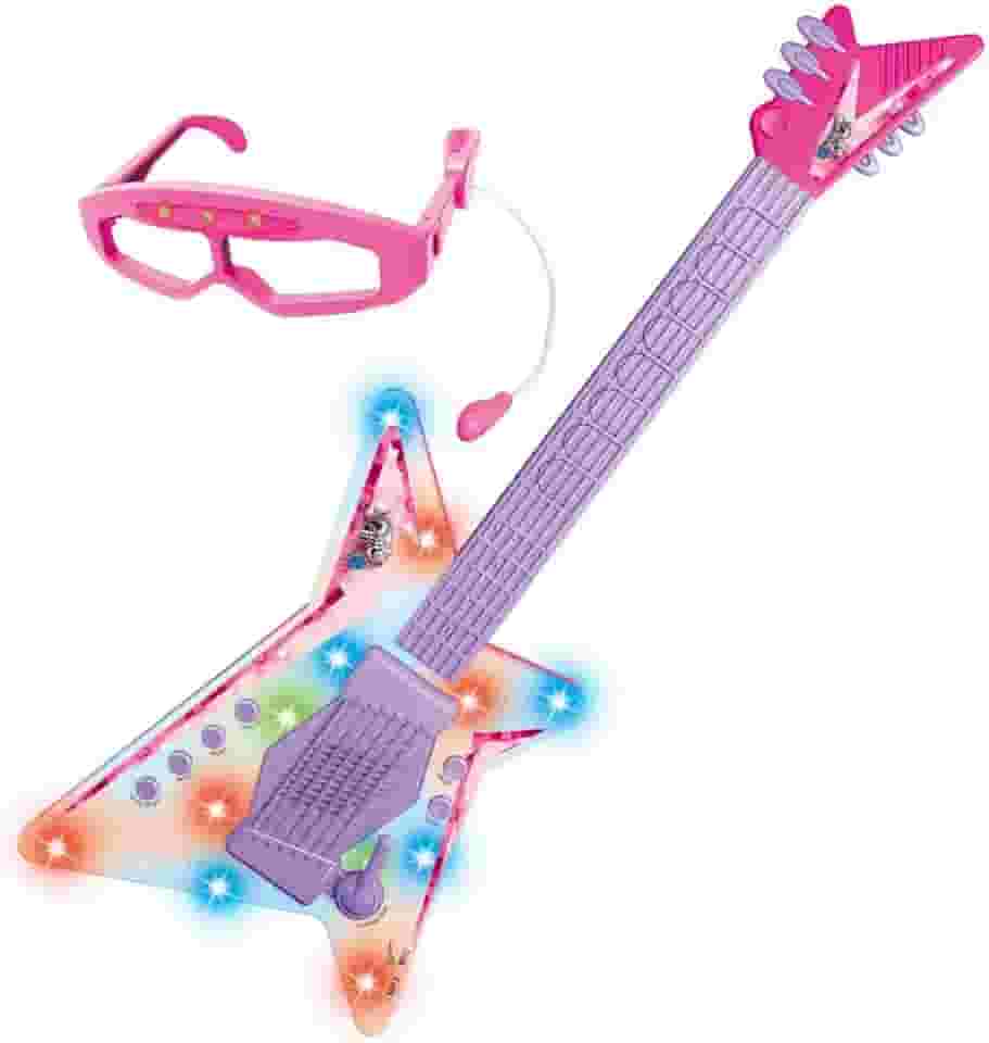 DM Toys Guitarra de Brinquedo com Óculos Microfone Rock Show Rosa