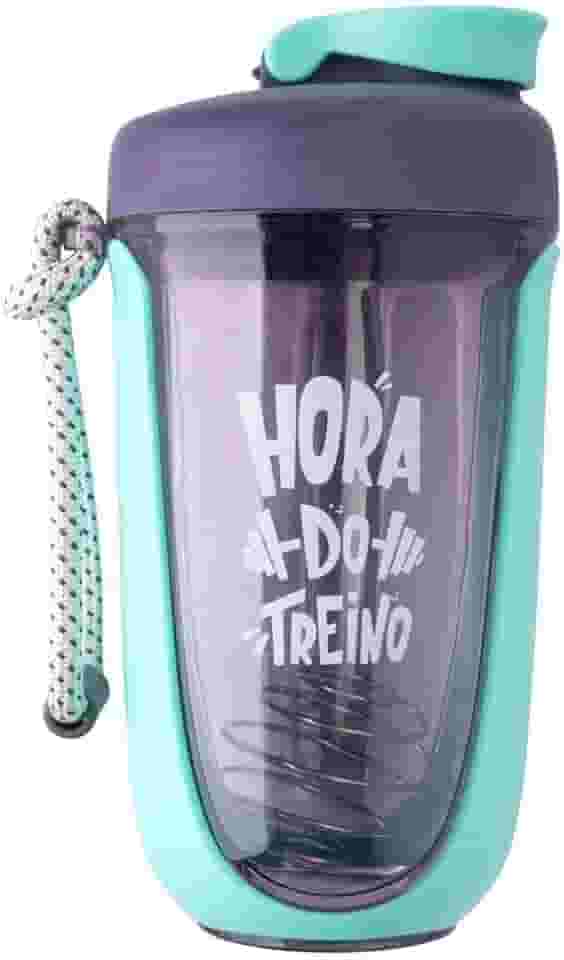 Coqueteleira Shakeira Whey para Academia e Treino com Misturador e Alça Esfera Mola Frase Hora do Treino 550 Ml (Azul)