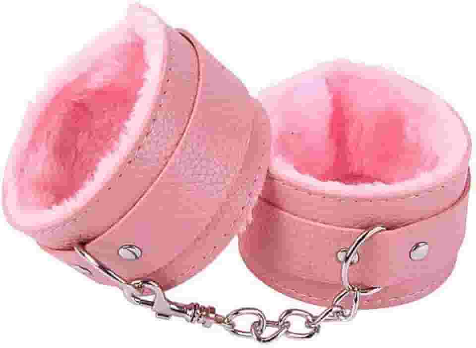 Algema Bracelete em Couro Macio com Pelúcia Aveludada e Corrente Cromada 5,5cm x 9cm Fivelas Ajustáveis (ROSA)