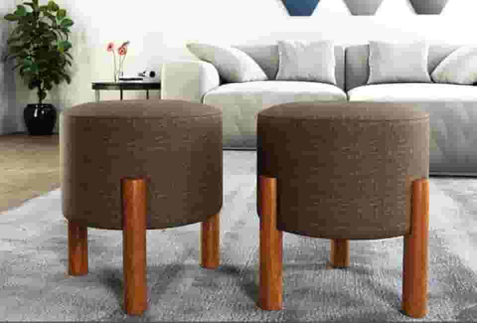 PC Móveis – Kit 2 Puff Redondo Luxo Decorativo em Linho ou Suede – Sala, Quarto e Escritório (Linho, Marrom)