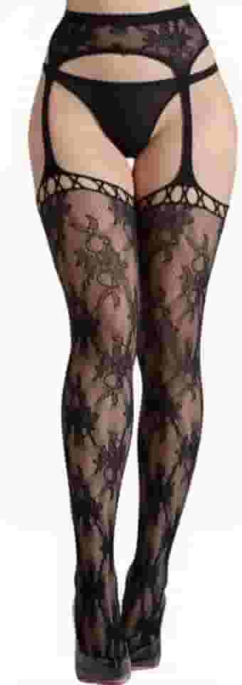 Meia-calça feminina de cintura alta com suspensório de renda transparente com estampa de flor de coração