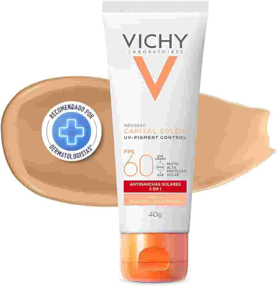 Vichy, Pigment Control, Protetor Solar Facial anti manchas com Alta cobertura, Vitamina B3, Ácido Tranexâmico, FPS60, 40g