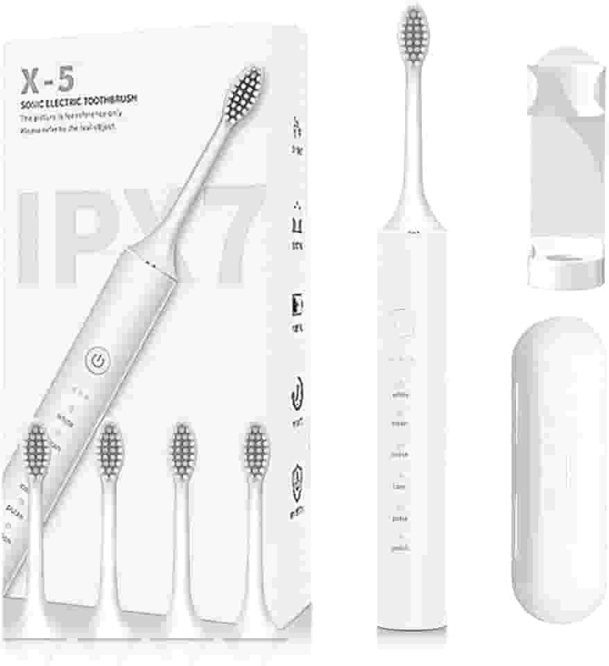 Escova de Dentes Elétrica possui o nível de resistência à água IPX7, um Temporizador Embutido de 2 minutos e 6 Modos Opcionais, totalizando 18 Níveis，Inclui 4 cerdas de escova de dentes e um suporte.