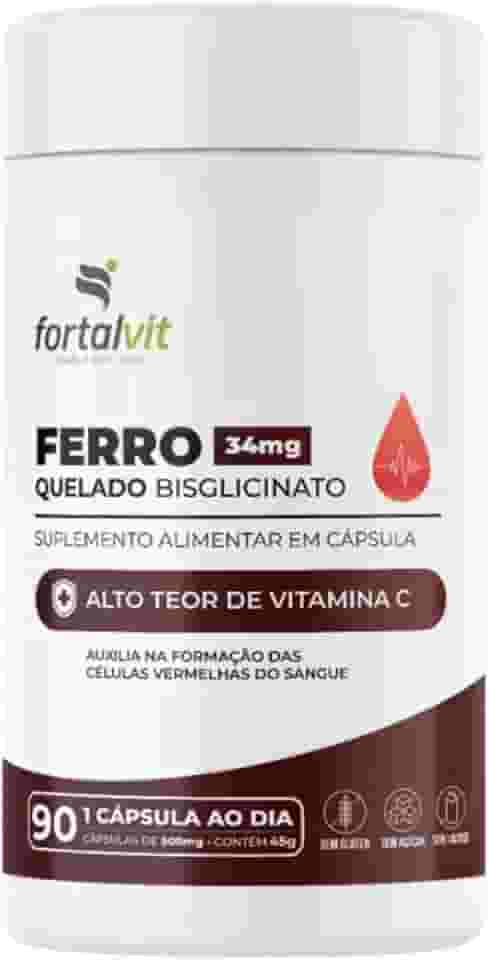 Ferro Quelado Bisglicinato 34mg, 90 Cápsulas, Alto Teor de Vitamina C, Fortalvit