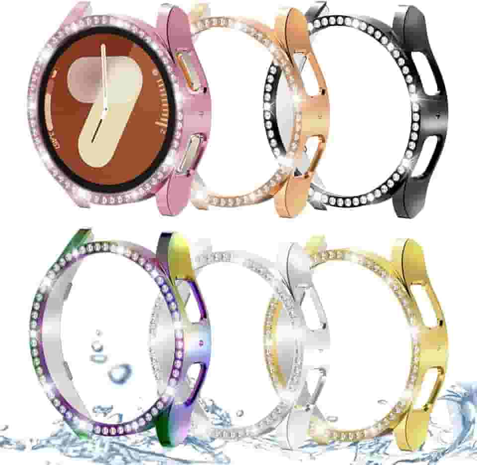 DEALELE [Pacote com 6] Capa compatível com Samsung Galaxy Watch 7 de 44 mm, capa protetora de PC de diamante de linha única brilhante para reposição (44 mm, preto + prata + ouro rosa + arco-íris)
