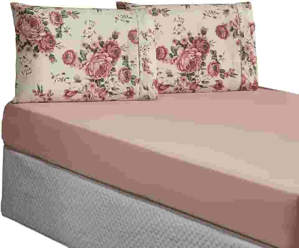 Jogo de Cama 3 Peças Esmeralda Casal ou Queen,Percal 150 Fios 100% Algodão, Lençol com Elástico (Rosê, Casal Padrão)