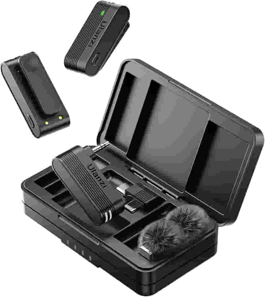 ULANZI A100 Microfone de lapela sem fio Microfone de lapela para câmera e telefone com USB C/3,5 mm/plugue, 32KHz 16Bit, cancelamento de ruído, bateria de 13,5 horas