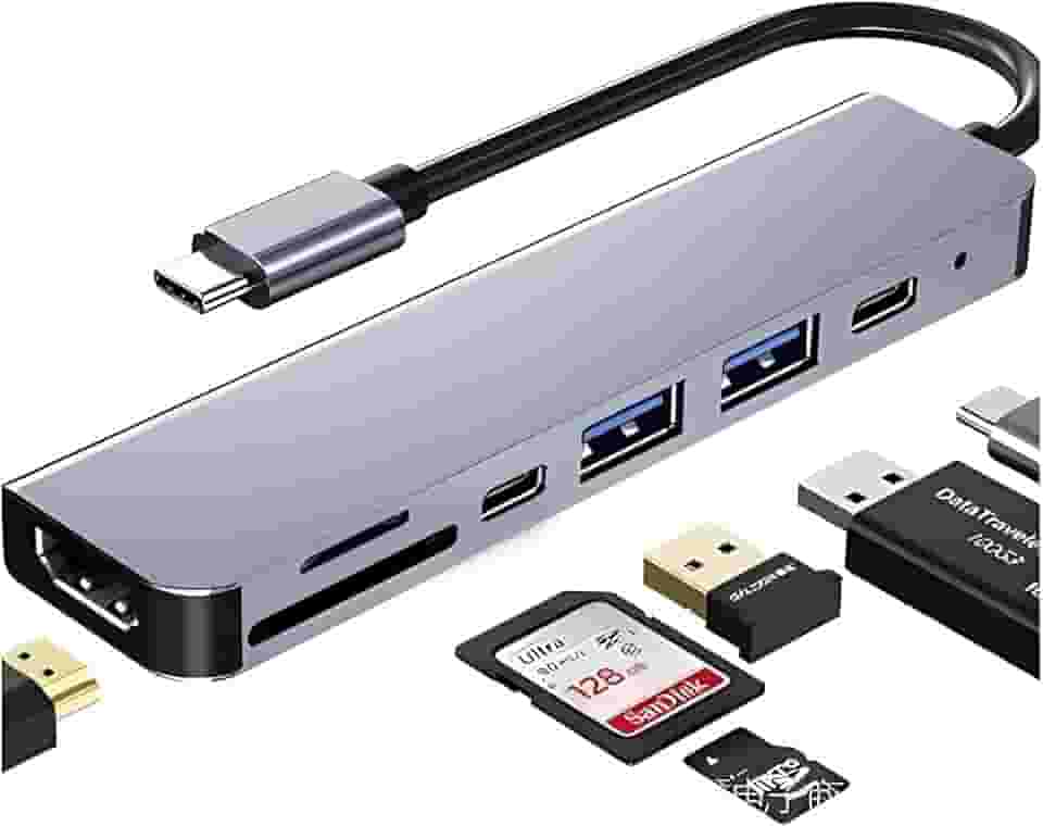 Hub USB-C 7 em 1, Adaptador Multiportas com HDMI 4K 60Hz, 2 Portas USB 3.0, Carregamento PD, Leitor de Cartão SD/TF, Cinza