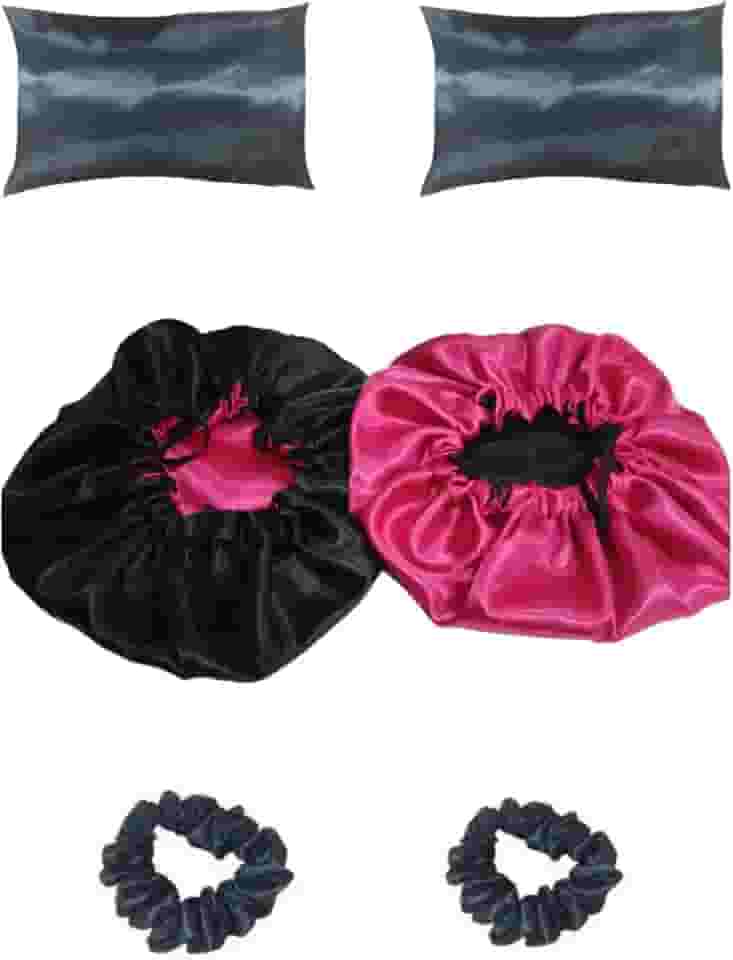 2 fronhas 2 touca dupla face 2 xuxinha kit de cetim preto com pink