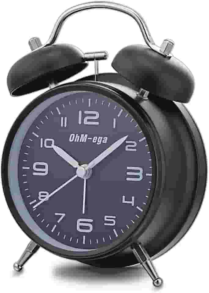 OhM-ega Despertador duplo com sino alto para pessoas com sono pesado, movimento silencioso, luz de fundo, despertador à moda antiga operado por bateria para quarto, 10 cm, preto