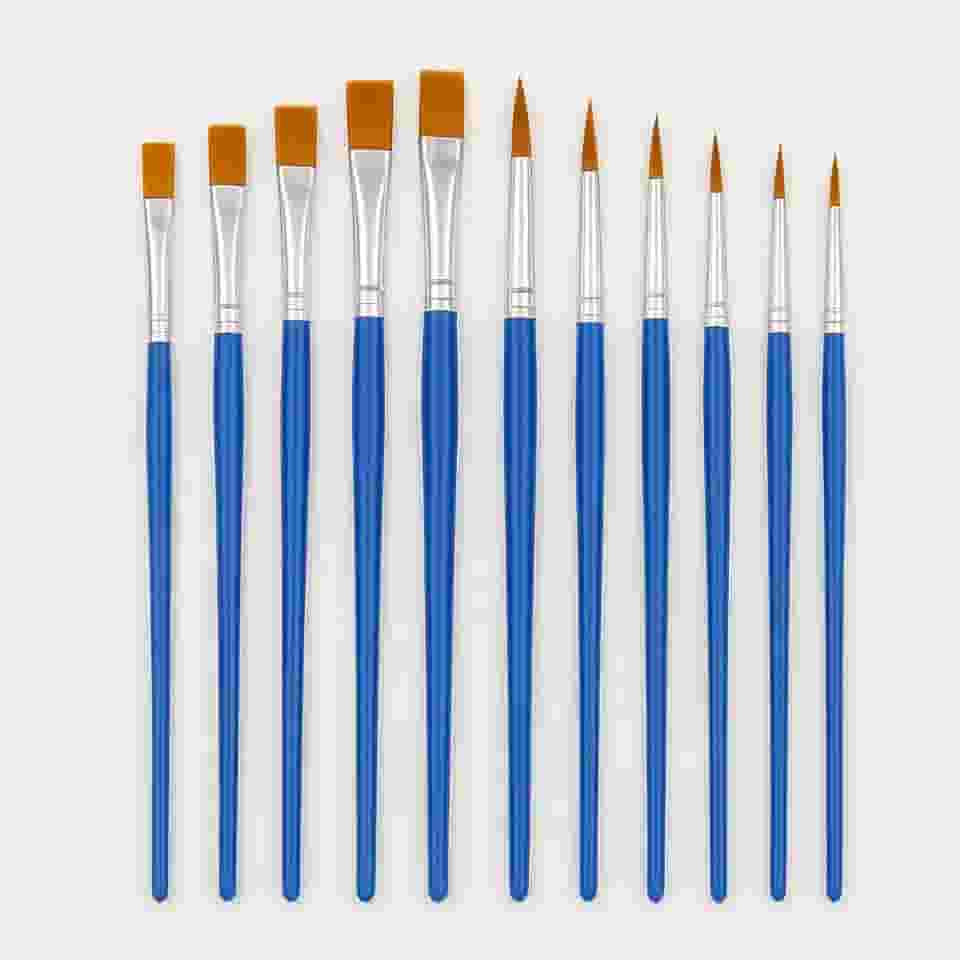 Kit 12 Pincéis Artesanato Pintura Artística Ponta Fina e Chata Aquarela Acrílico Guache Óleo - Brucaro Prime