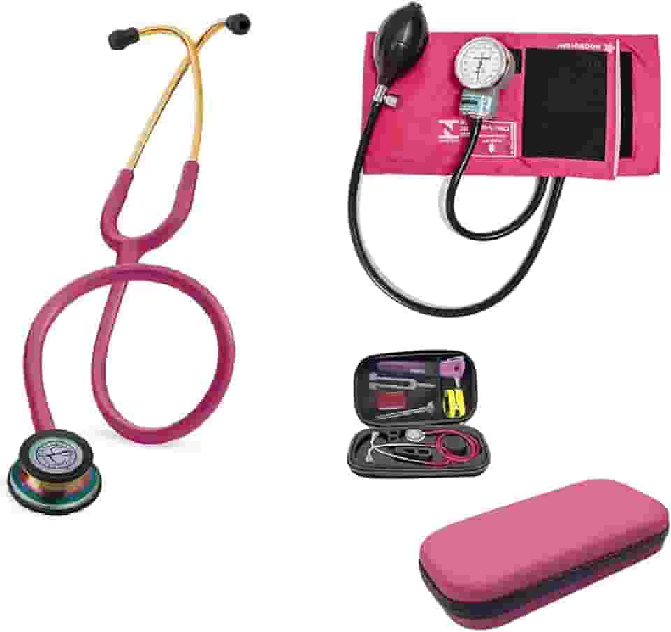 Combo Estetoscópio 3M Classic III Raspberry Rainbow 5806 Littmann, Esfigmomanômetro + Case