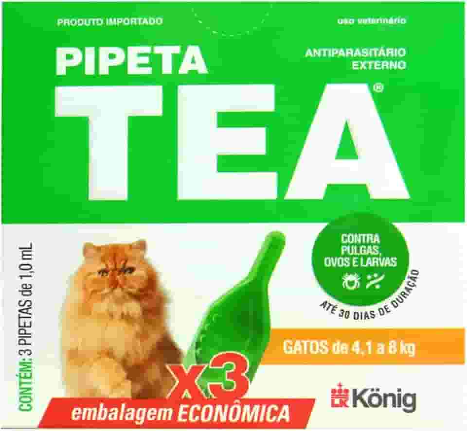 Pipeta Tea 1,0 ml Antiparasitário Contra Pulgas para Gatos de 4,1 até 8 Kg Kit C/ 3 unid. - König