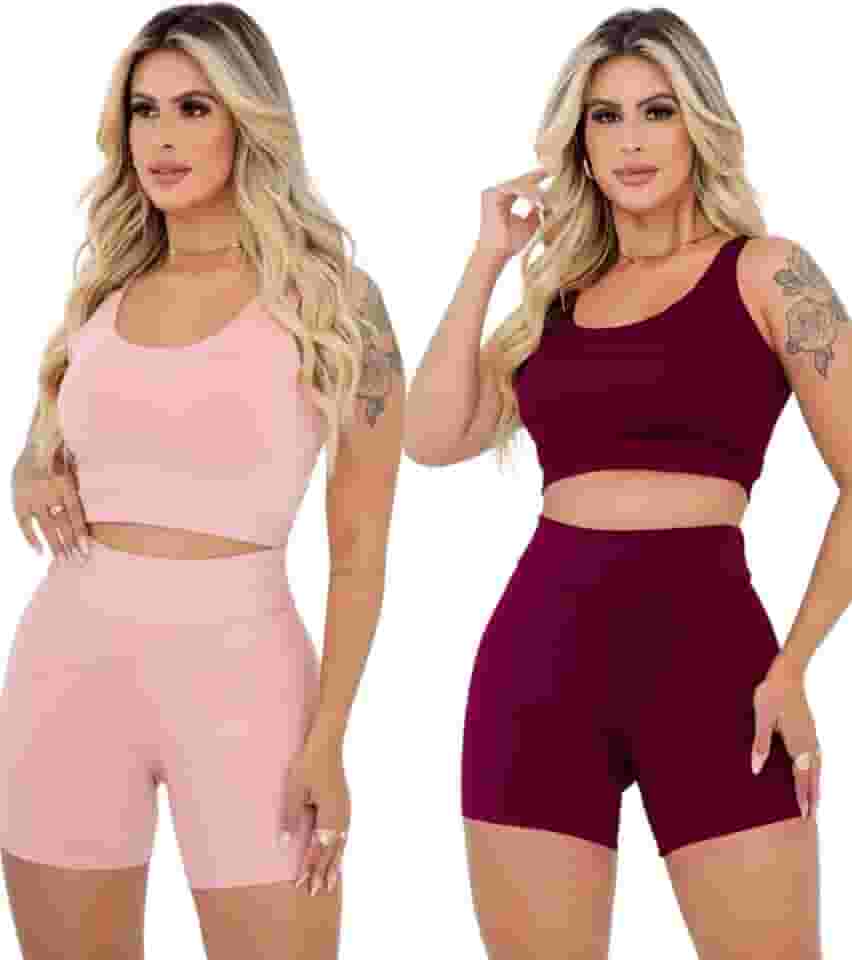 Kit 2 Conjuntos Fitness Short E Top Roupas Para Academia Outfit Gym Sports Treino Perfeito Tecido Premium Confortável Suplex