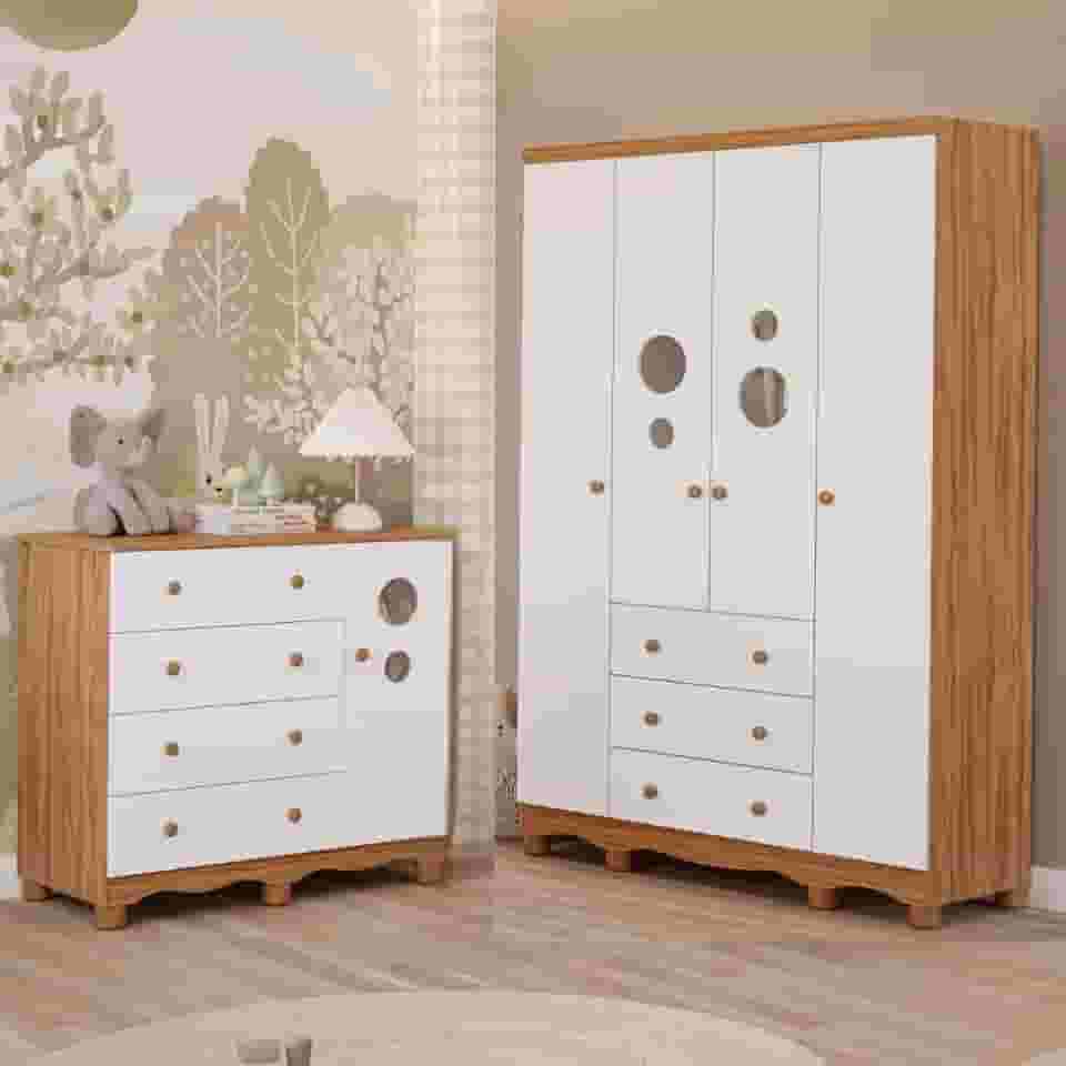 Quarto de Bebê Completo Guarda Roupa 4 Portas Cômoda 1 Porta 3 Gavetas 100% MDF Bolinha