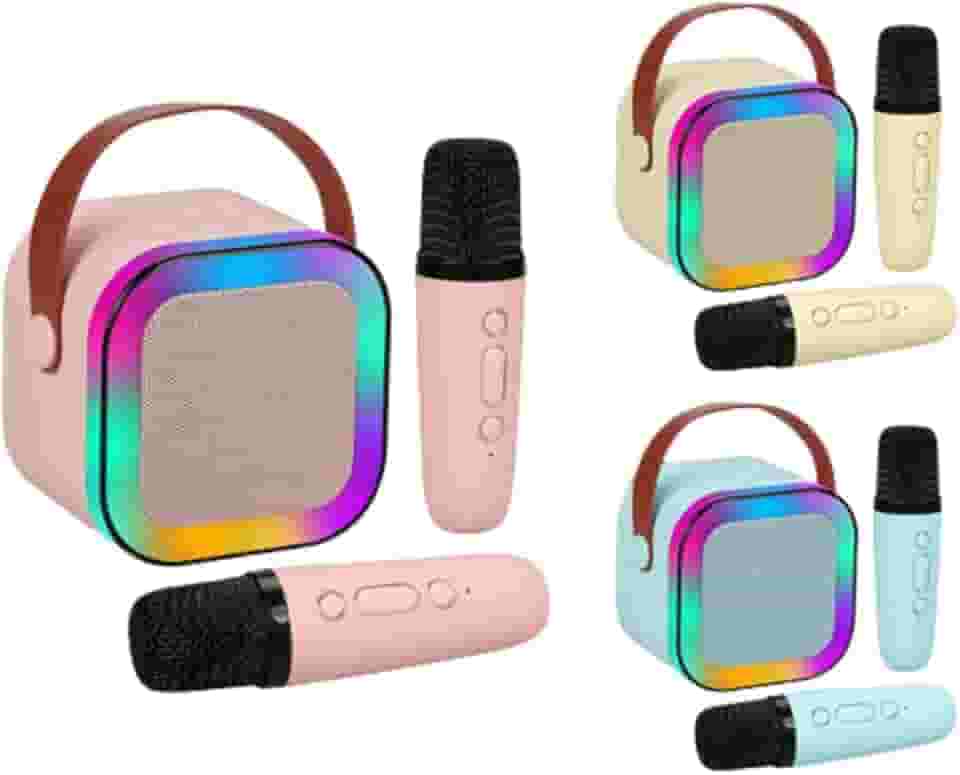 Caixinha de Som de 1 ou 2 Microfone Karaoke Portátil Infantil com Caixa de Som Bluetooth, Luzes LED Dinâmicas, 2 Microfones Sem Fio, Ideal para Festas, Crianças e Adultos (Bege, 2 Microfones)